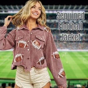 NWT Sequined Football Patch Lightweight Cropped Raw Hem Corduroy Jacket/LG